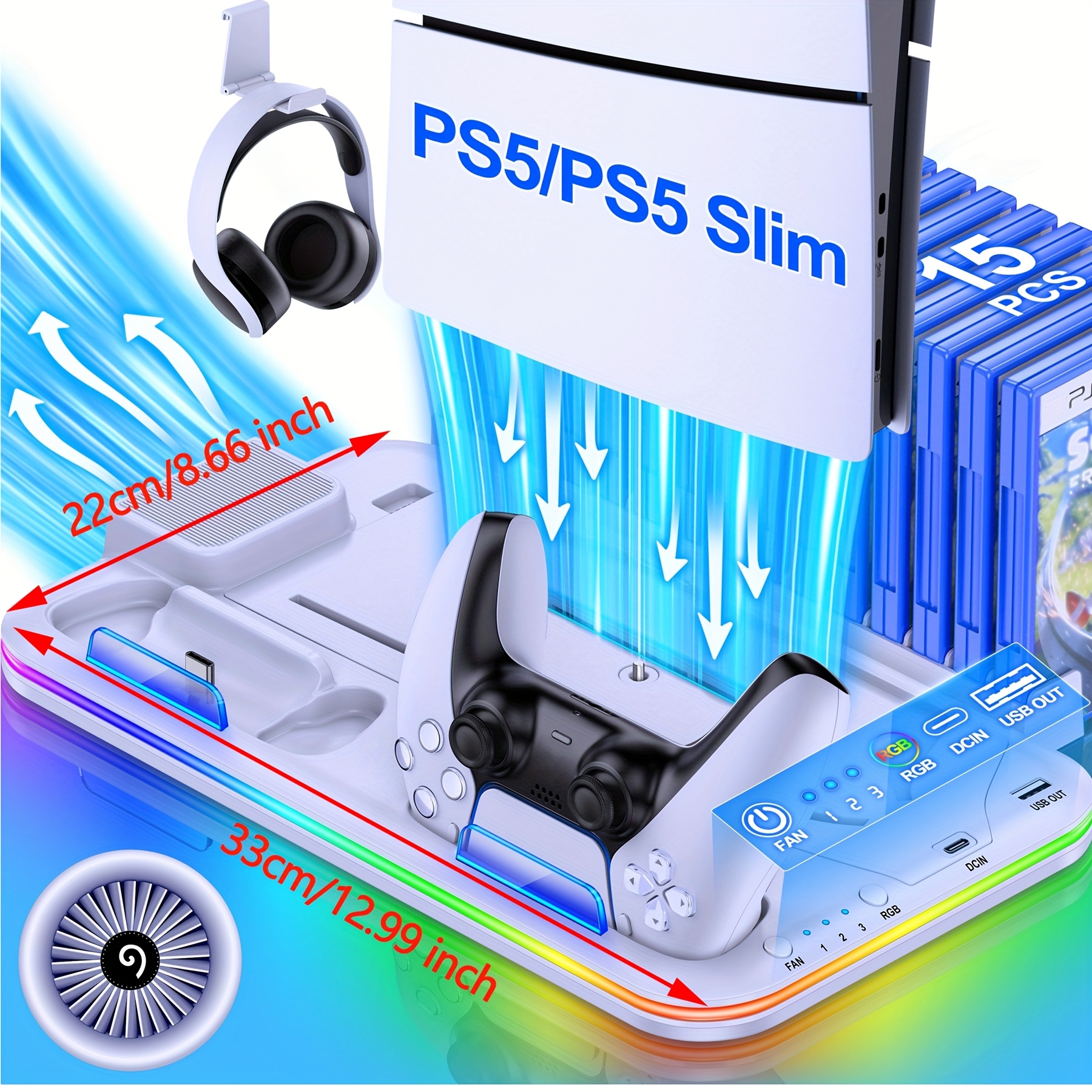 TEMU For For Ps5 Slim/ Disc/ Digital With Rgb Light, For Ps5 Additions Dual Controller Charger Stationbirthday Gifts, Holiday Gifts, , Halloween, Halloween Gifts