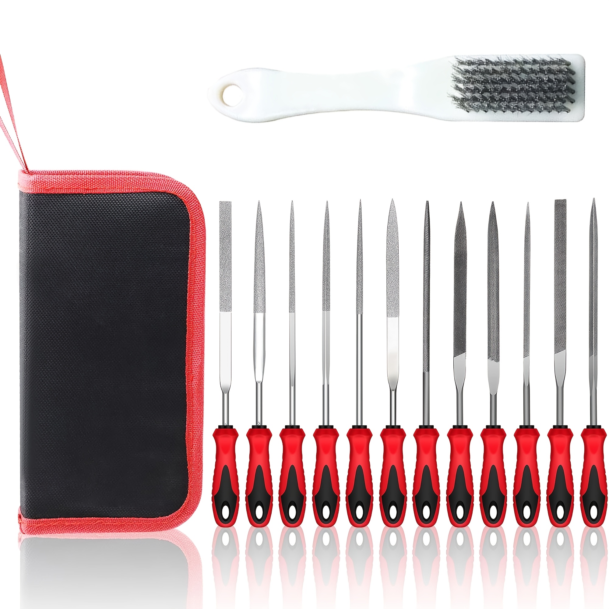 TEMU File Set 13pcs Flat/triangular/conical 6pcs Jewelry Files And 6pcs Files 1pc Brush Carrying Case Metal File , Wood Files, Woodworking, Plastic