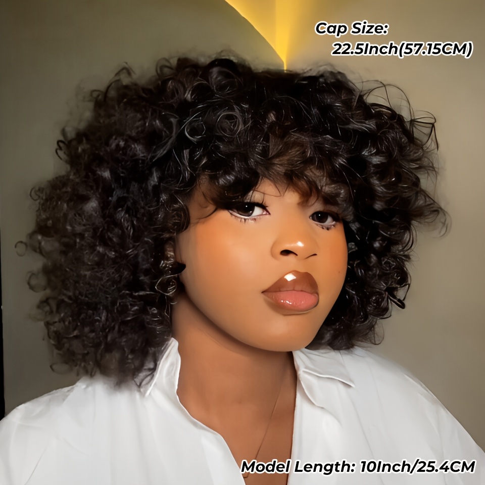 TEMU 10" Stylish Short Wig - Bob With Curls, 200% Density Brazilian Human Hair, Natural Black, Breathable & Comfortable For Everyday Or Party Use