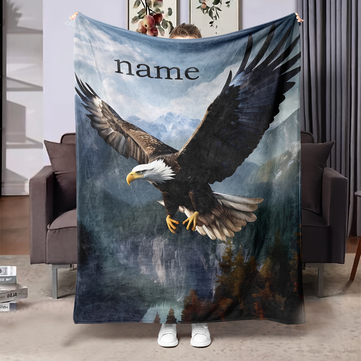 

Customizable Name Eagle Print Throw Blanket Hd Digital, Comfortable, Lightweight, Machine Washable, Multipurpose For Sofa, Bed, Office Nap - Polyester Knit Fabric, Ideal Gift For