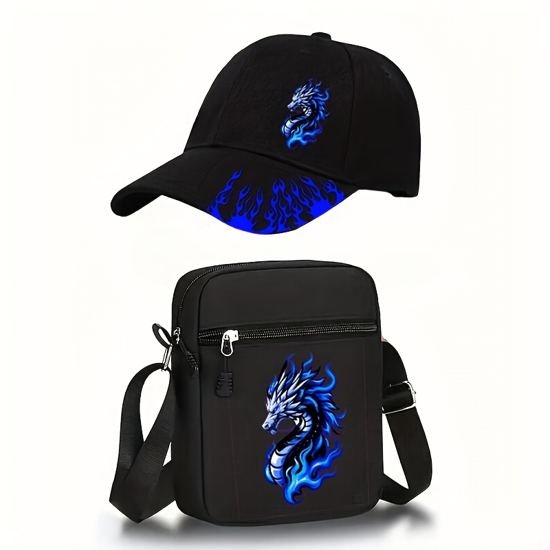 E-shop 2er-Set Blaue Flammen Drachen Print Unisex Baseball Cap und Körperbeutel, Street Fashion Outdoor Sport Cap und Tasche, Verstellbar, Geschenk für