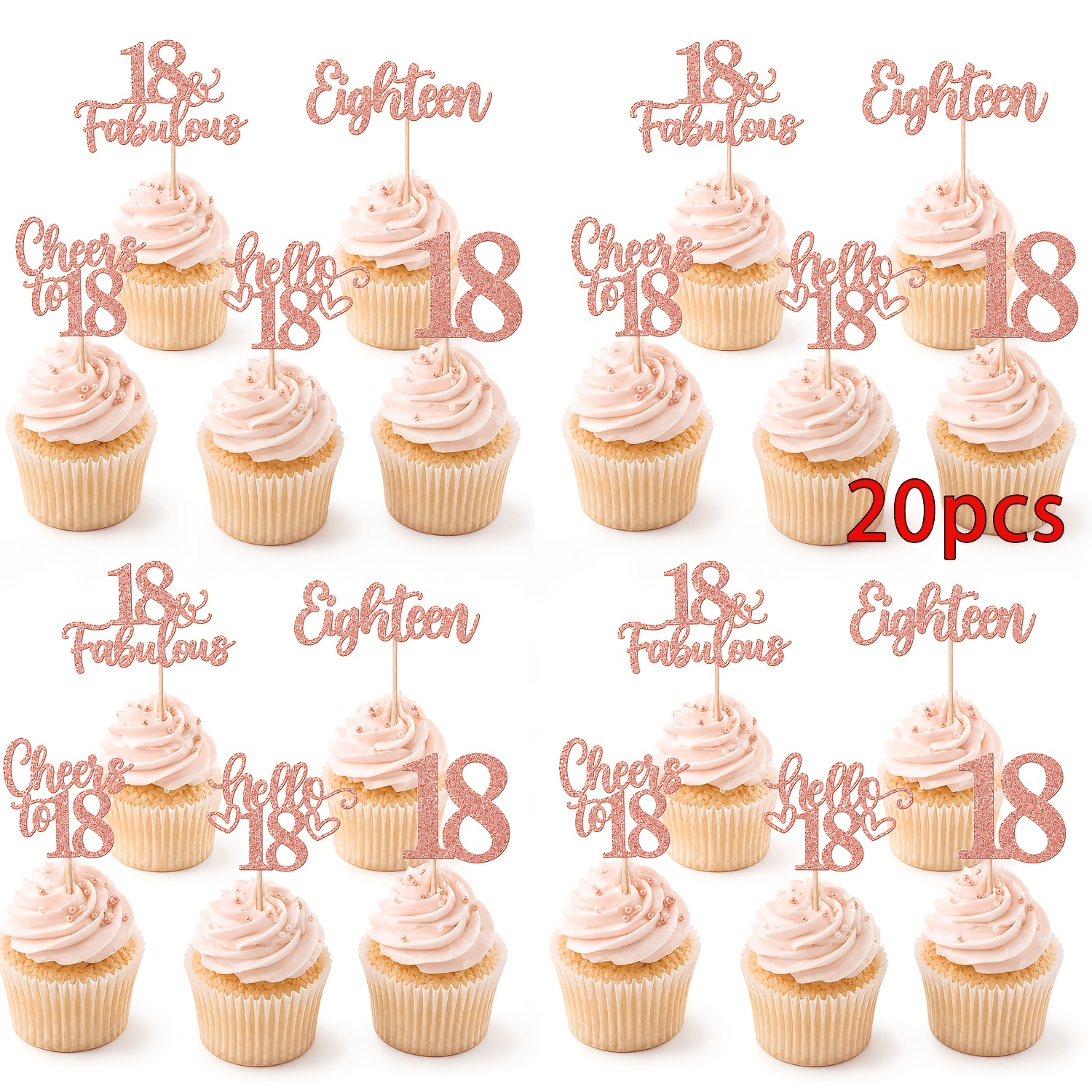 TEMU 20pcs Décorations de gâteaux Cupcake 18e Anniversaire Or Rose Pailleté 18e Anniversaire, 18 & , Dix-huit, À de 18 ans, 18, Décorations de