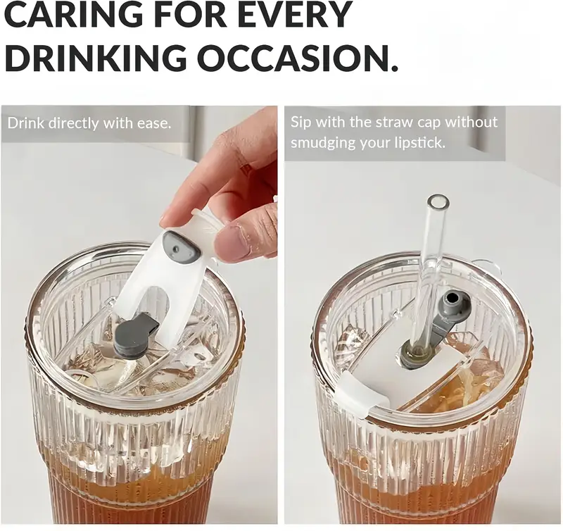 2 ribbed glass cups with plastic lid and straw straw brush iced coffee cocktails etc suitable for home office party supplies 20oz Product details 3