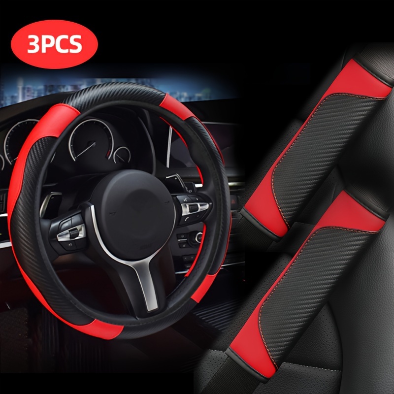 

3pcs Pu Leather Car Steering Wheel Cover With Carbon Fiber Pattern & Shoulder Pads Set
