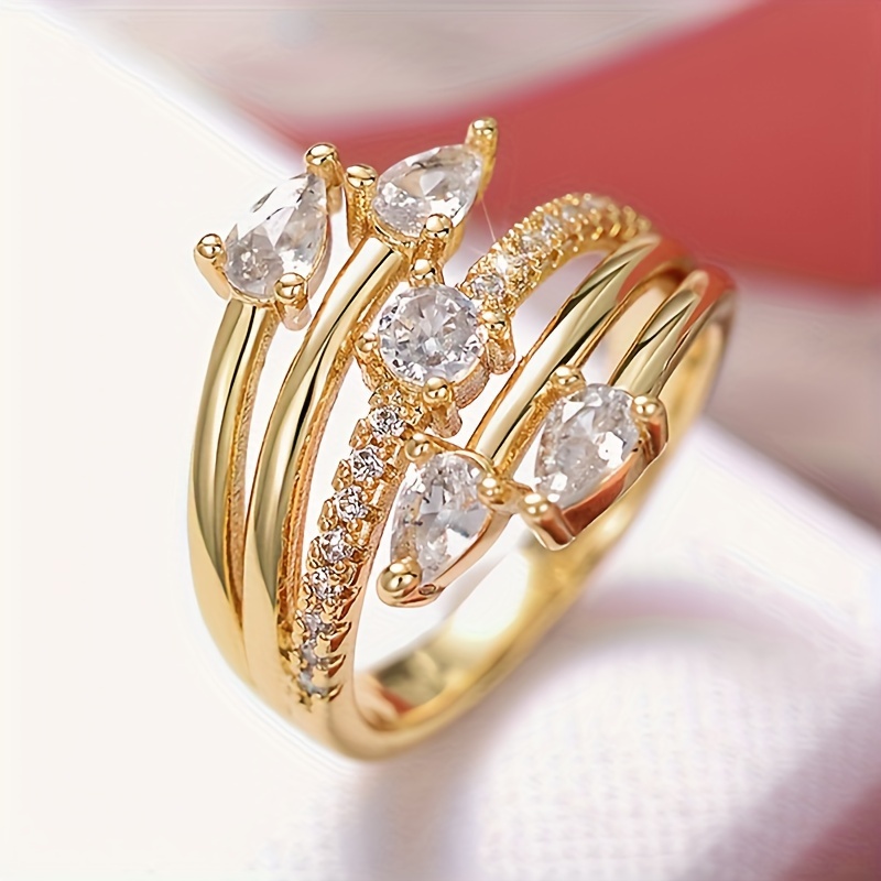 Image of Luxurious Elegant Geometric Line Design Inlaid Zirconia Ring Women' Casual Party Banquet Ring Jewelry