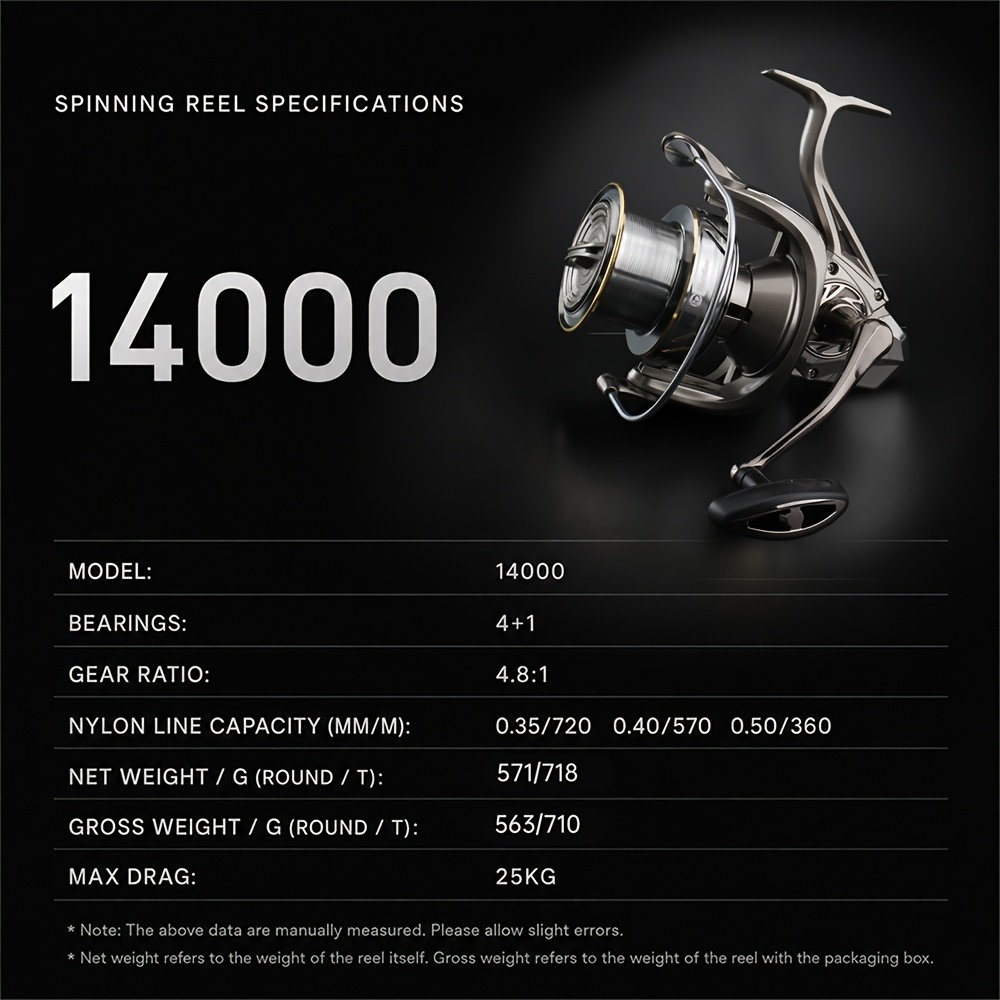 TEMU Long Cast Spinning Reel, 25kg Max Drag, 4.8:1 Gear Ratio, With Main Shaft Gasket & Line Roller, Left & Interchangeable, Freshwater & Saltwater