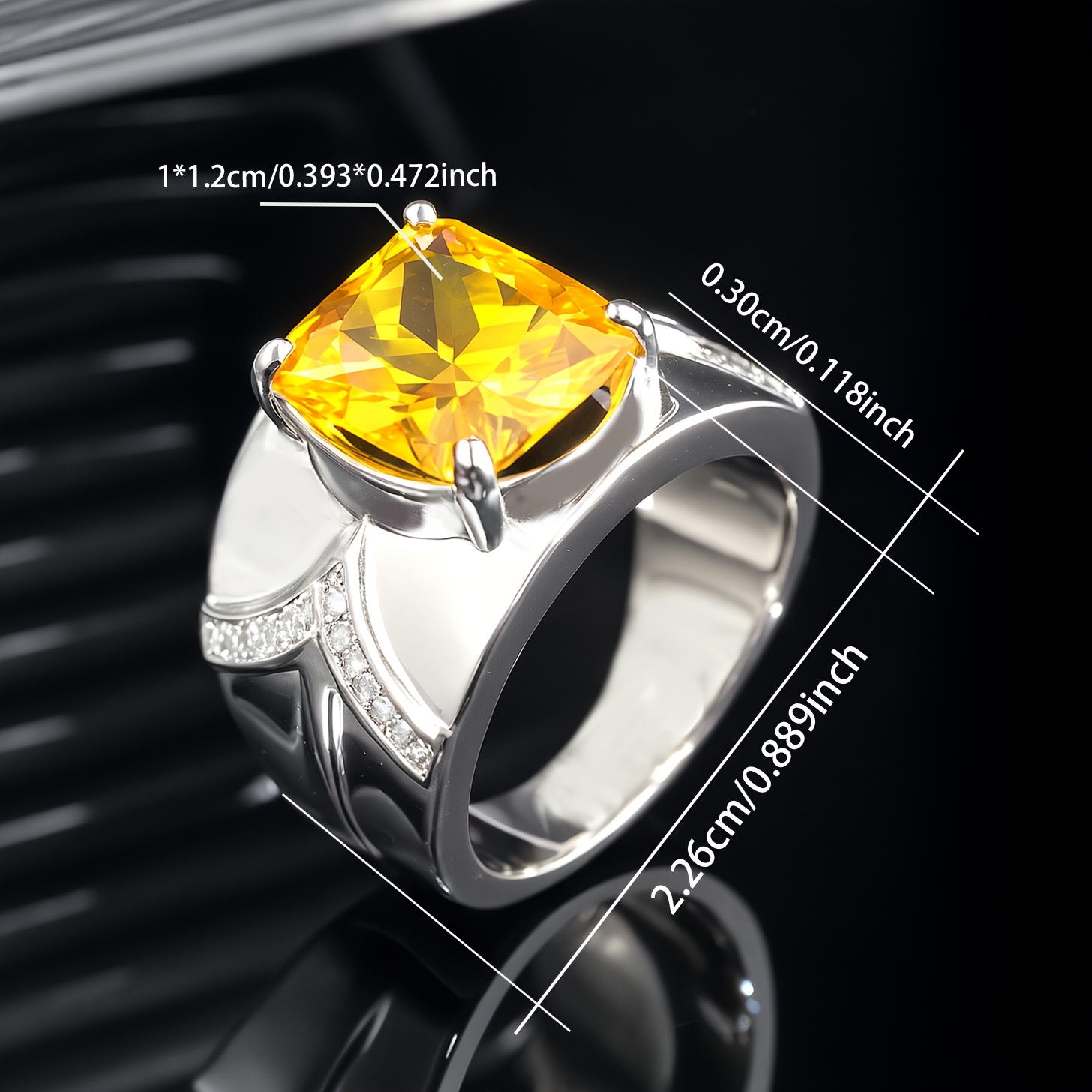 Men's S925 Silver Yellow Square Main Stone Ring