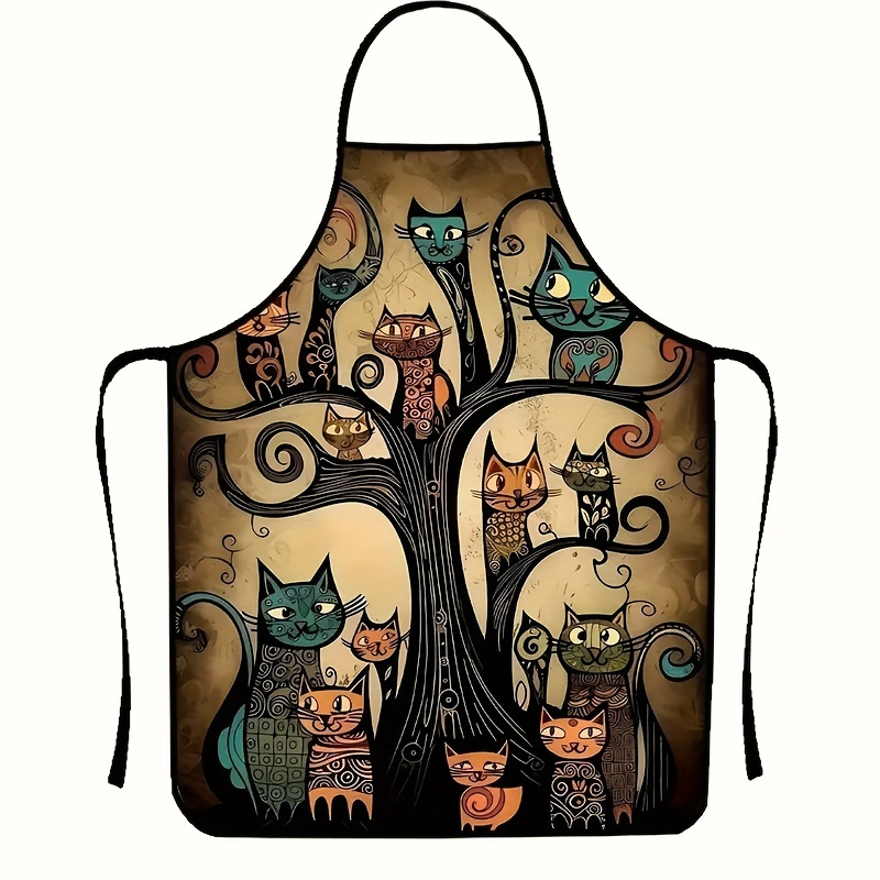 

Adorable Cat Cartoon Print Polyester Apron - Sleeveless, Durable Kitchen & Cleaning Apron