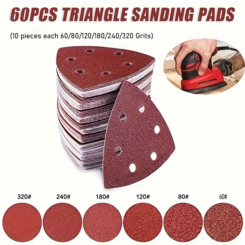 

60pcs Sanding Pad Set For Detail - Red , 6-hole Design For Woodworking And Metal Polishing - Includes 60/80/120/180/240/320 Grit