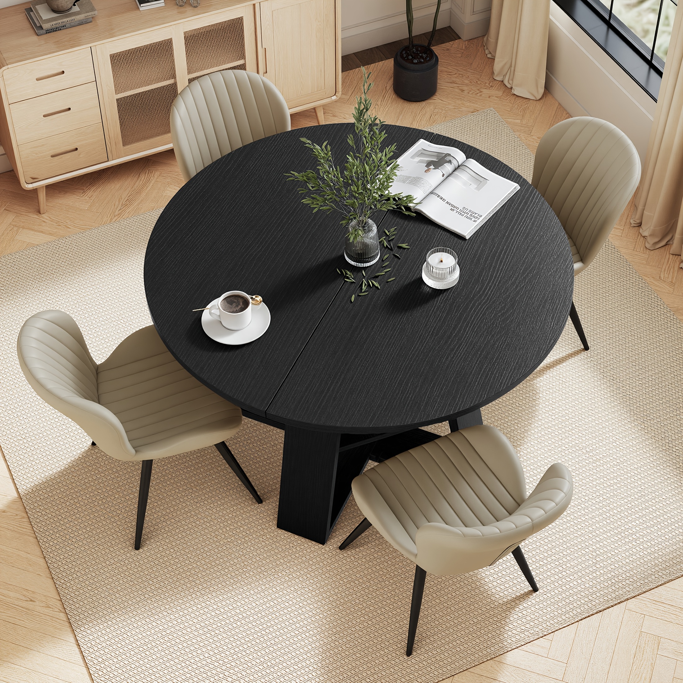 Image of Expandable Round To Oval Dining Table And Chair Set Suitable For 4-6 People, Extendable Kitchen Table With Upholstered Chairs, Hidden Storage Shelf, Space- Furniture For Small Apartments, Assembly