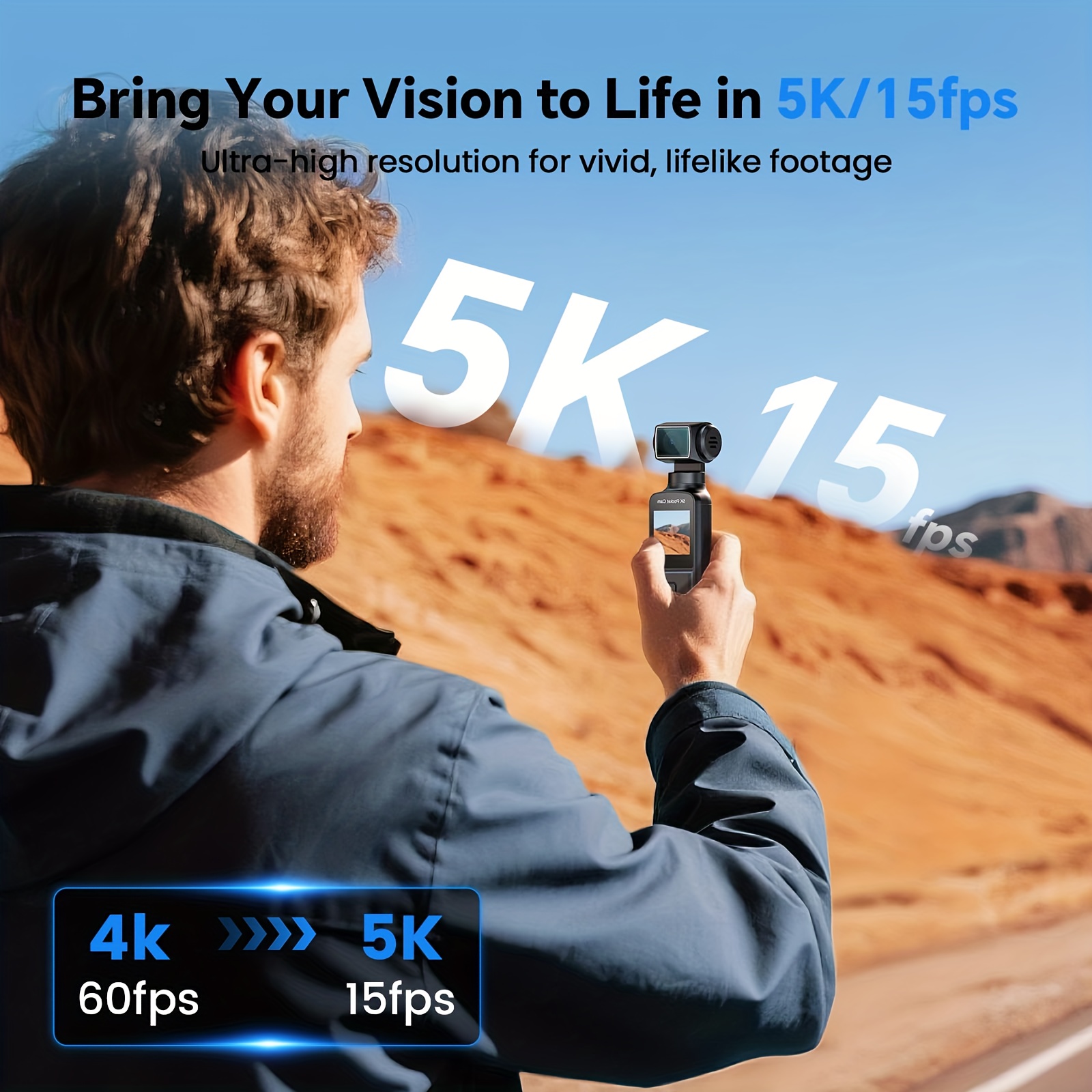 Manual Rotating 5K Fish Eye Camera with 270° Lens, Anti-Shake System, 1.33” Screen & 1000mAh Battery- Portable Vlogging Lens for Smartphones/Tablets, for travel, YouTube, Recording (MP4, TF Card)
