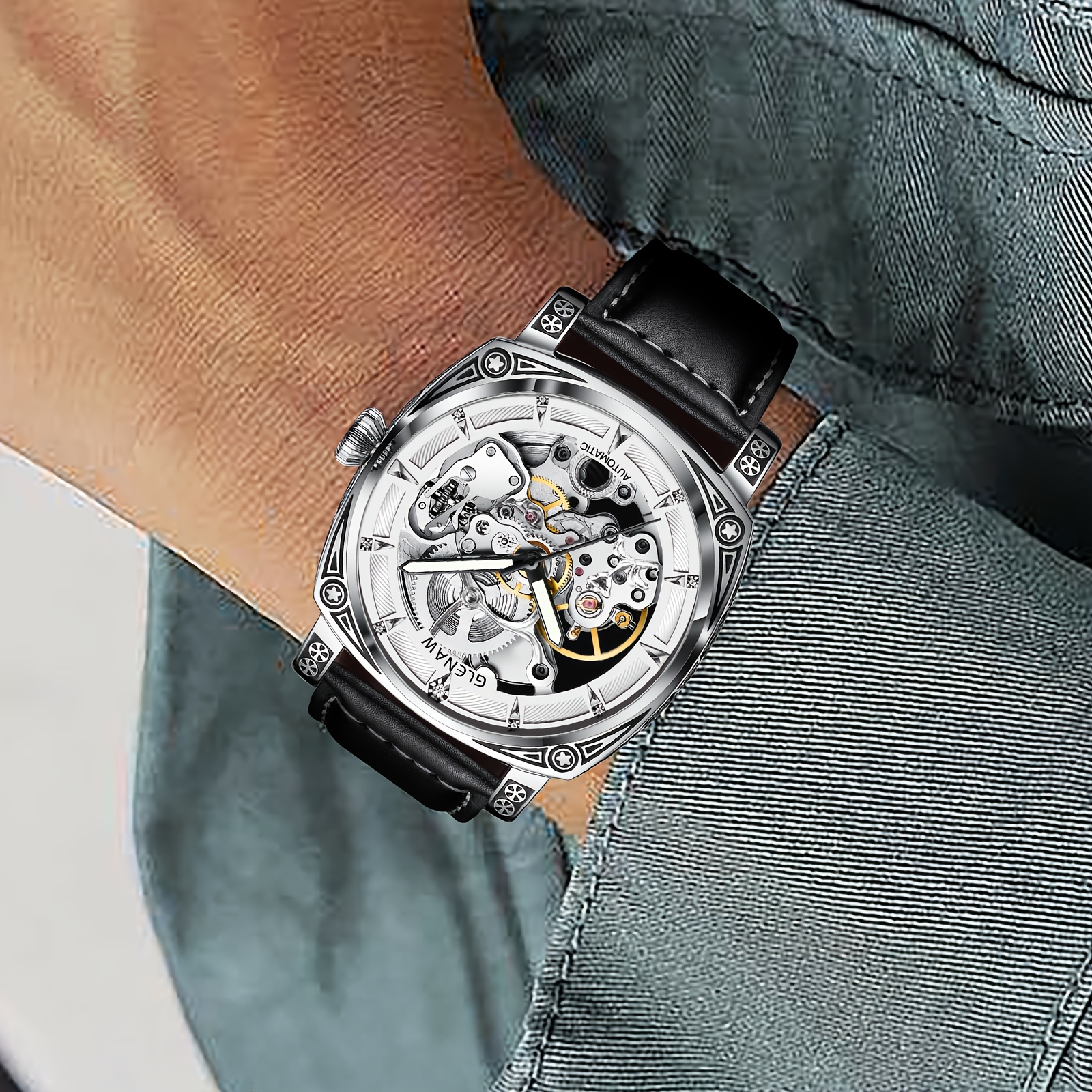 mens automatic mechanical watch elegant   dial waterproof up to 30  steel black   leather strap skeleton back with intricate movement date display ideal gift for him details 7