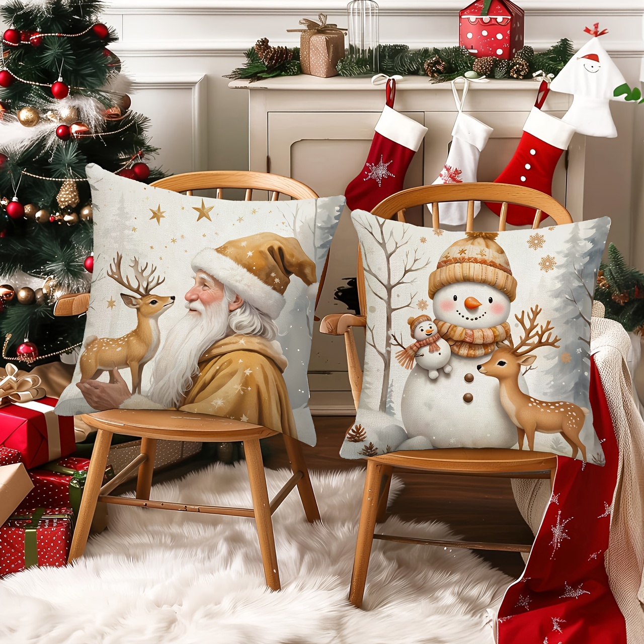 

2pcs Linen Christmas Pillowcase Christmas Snowman Suitable For Furniture Sofa Cushion Decoration -sided 18in*18in