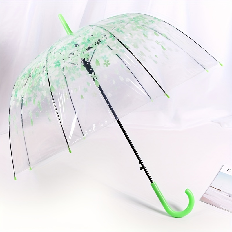 

Transparent J Shaped Handle Cherry Blossom Pattern Stick Umbrella, Casual Waterproof Durable Umbrella For Men & Women