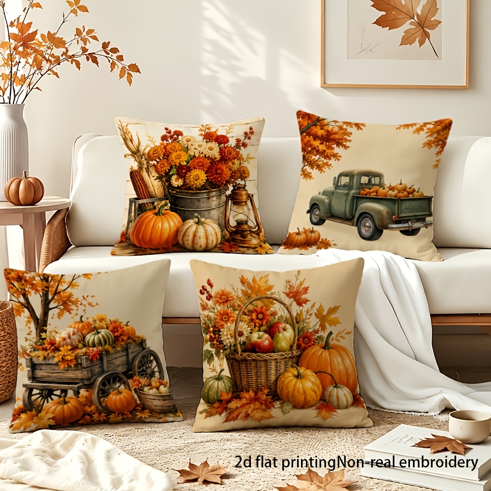 TEMU Lot de 4 housses de coussin de ferme d'automne - Housses de coussin imprimées - érable, citrouille et baie avec fermeture éclair, lavables en