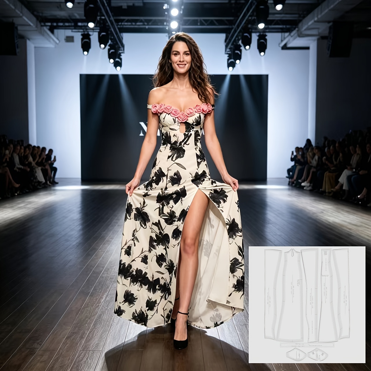 High-end Light Luxury Three-Dimensional Floral Off-the-Shoulder  Waist-Cinching * Bodycon Gown Dress Pattern with 5 Size Options