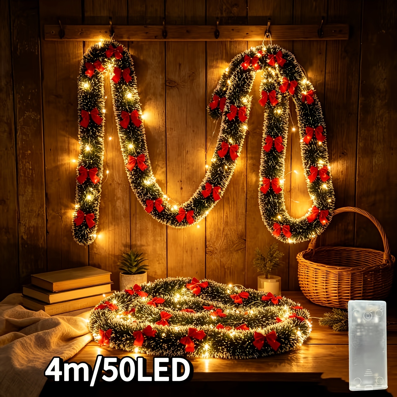 TEMU Guirlande de Noël de 4 mètres, Couronne de Noël d'hiver avec nœud rouge, Mode allumé, Convient pour cadres de porte, rampes d'escalier,