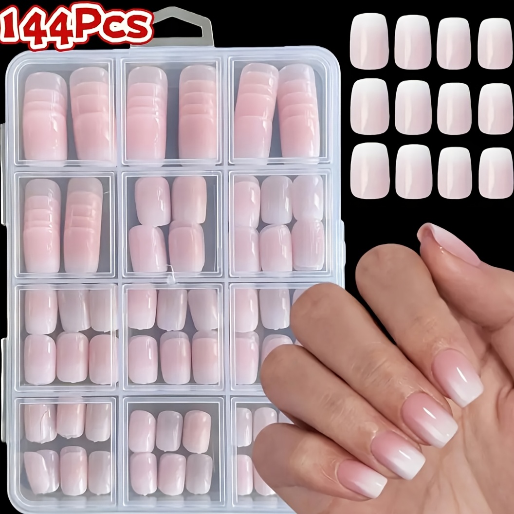 TEMU 144pcs/box, Press-on Square Fake Nails, Pink And White Gradient Design, Glossy Full-coverage False Nails, Simple And Versatile, Beautifully