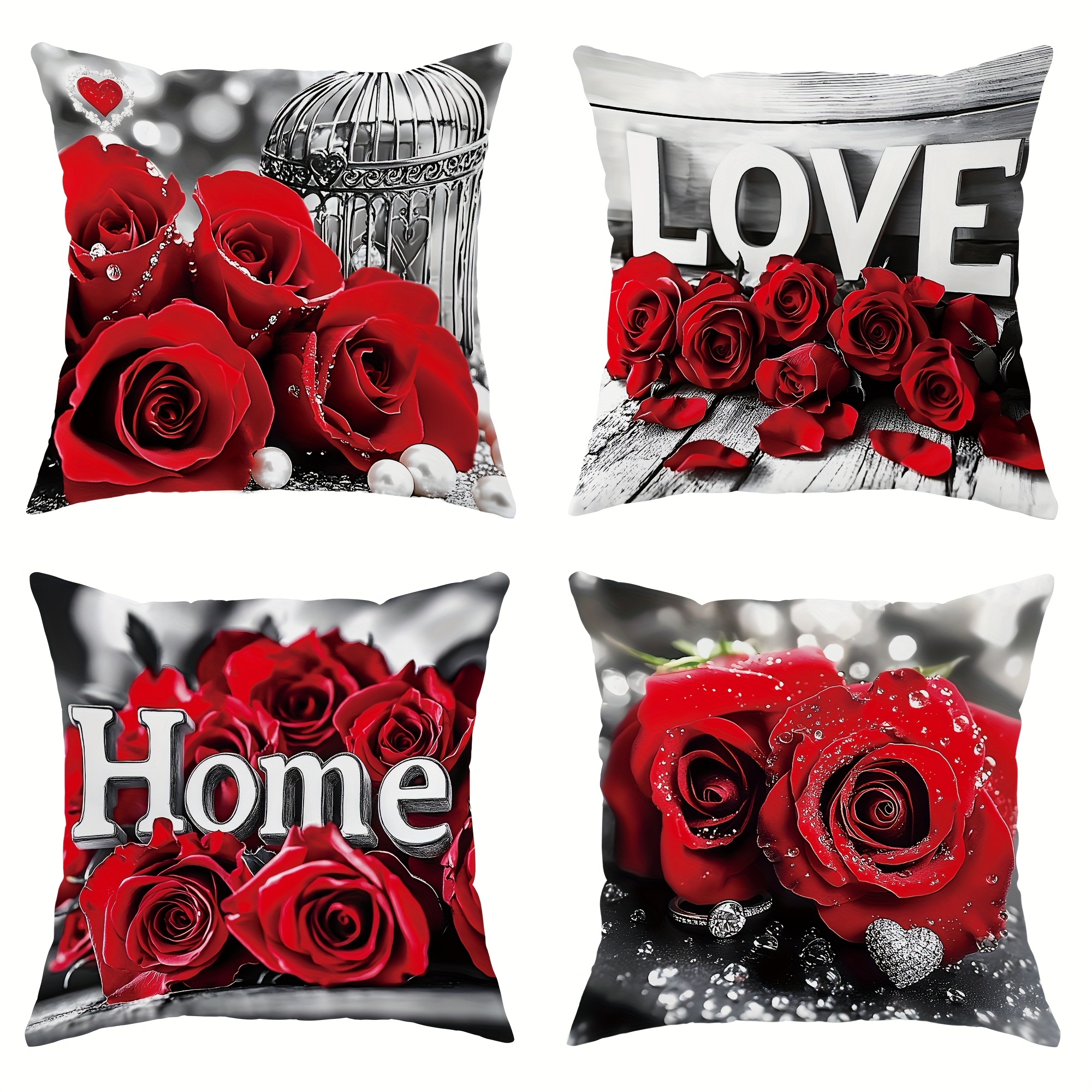 

4pcs Valentine's Day Decoration Rose Velvet Throw Pillow Covers Romantic Red Black Cosy Soft Decorative Pillowcases 1 Sided Printing For Living Room Bedroom Sofa Bed Decor Without Pillow Inserts