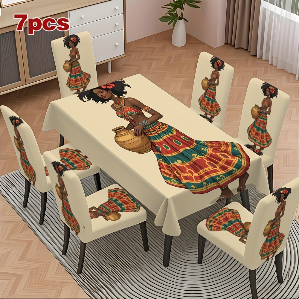 TEMU Nappe et housses de chaise Art Tribal Africain Femme, 4/5/6/7 pièces, Ajoutez de luxe aux repas à et transformez les de conférence d'hôtel en
