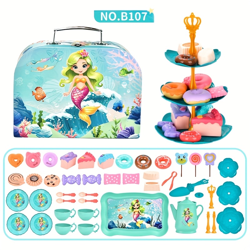 Image of 1 Set Of Simulation Tea Party Toys With A Mermaid Theme For Girls, Including Realistic Desserts, Cakes, Coffee, And Tea Sets. The Kitchen Toy Set Is Included In A Gift Box