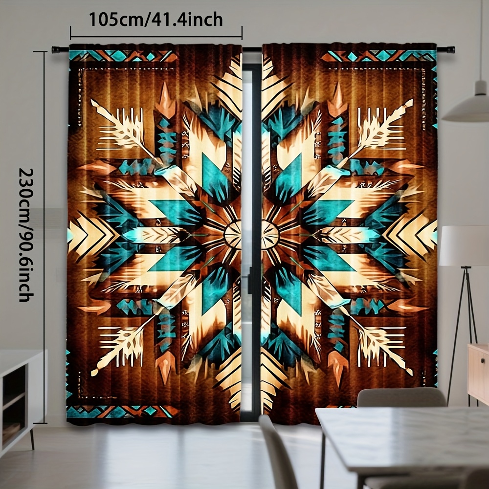 TEMU 2 pièces de rideaux de motif brun occidental - de poche de tige en polyester, filtration de , semi-transparent, décoration et saisonnière pour