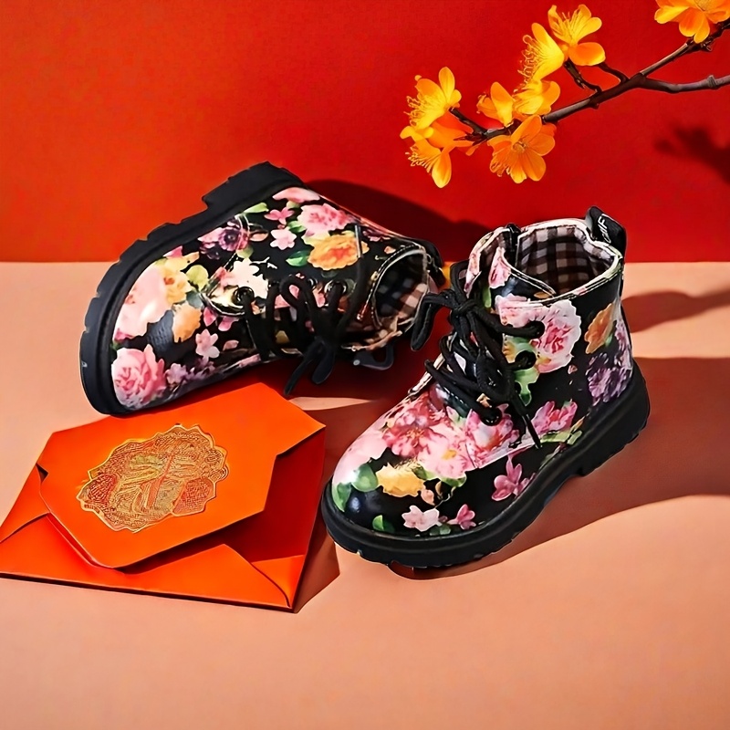 Kids Floral *-Top Boots, Vintage Preppy Lightweight with Rubber Sole,  Lace-Up Zipper Closure, Round Toe, for Boys Girls Ages 14 and Under