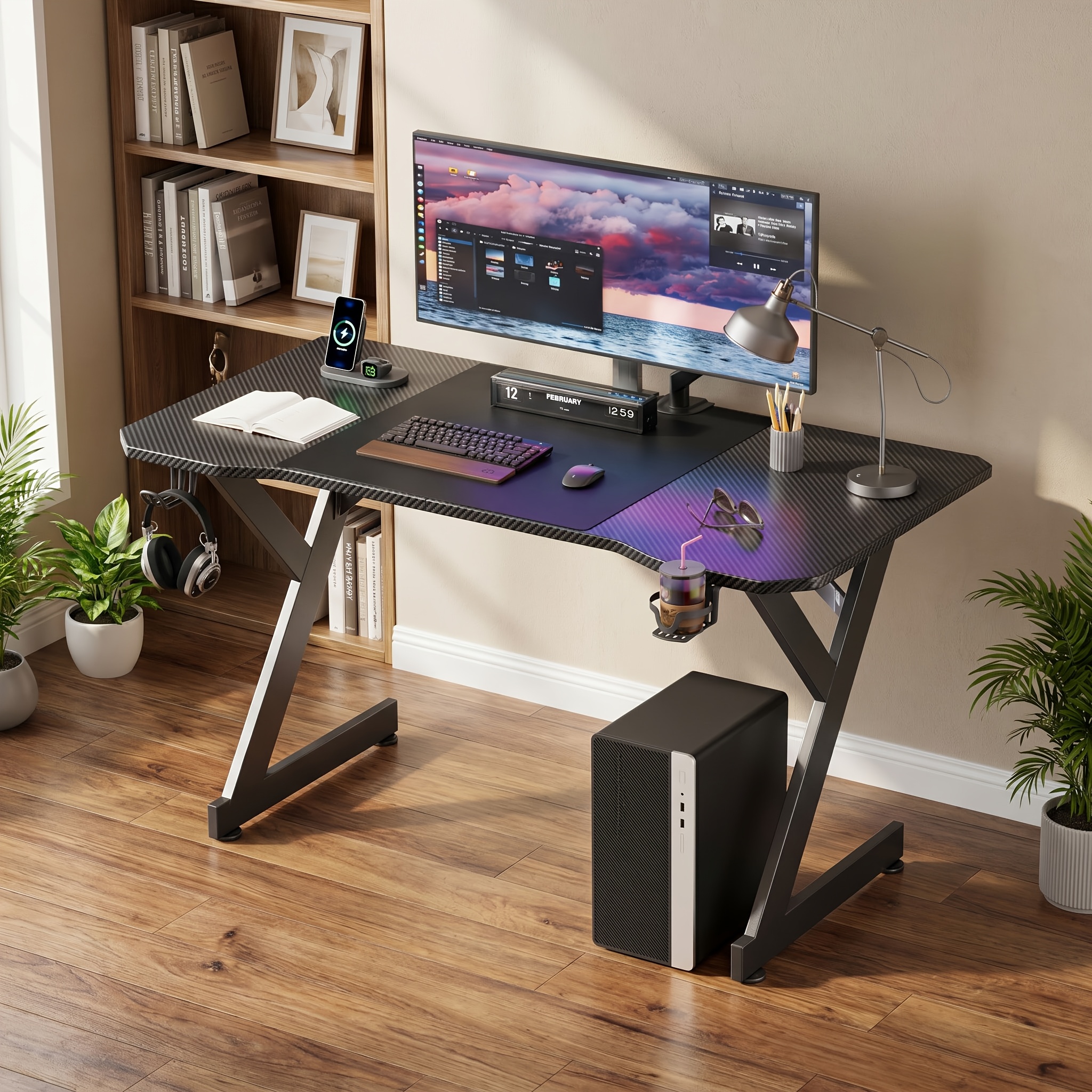 Image of 40/47/55/63 Inch Office Computer Desk, Carbon Fiber Workstation With Cup Holder And Headphone Hook, Ergonomic Freestanding Desk For Home Office, Bedroom, And Workplace, Black