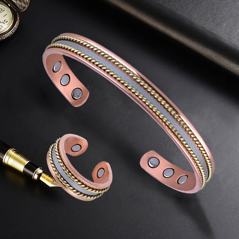 Magnetic Copper Bracelet and Ring Set, Adjustable Cuff
