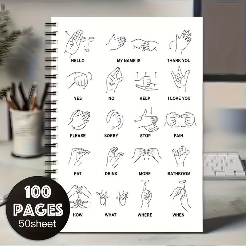 TEMU Sign Hardcover Notebook (asl Alphabet Phrases Edition) 14.5x21cm University Lined Notebook, Perfect Gift For Deaf Individuals, Students, And Teachers, Durable And
