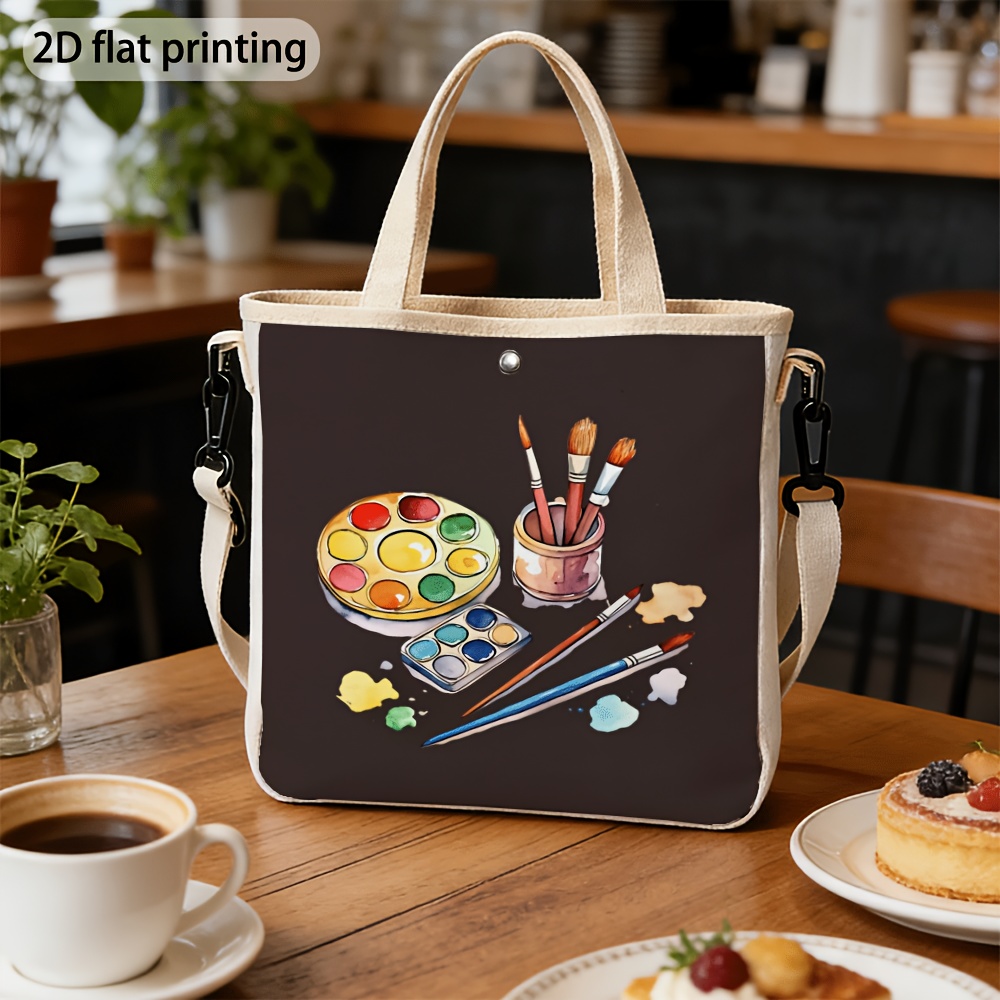 TEMU 1pc Large Capacity Tote Bag Suitable For Art Lovers & Painters, Artist Palette & Brushes Print Handbag With Closure, Shoulder Bag For Travel,,