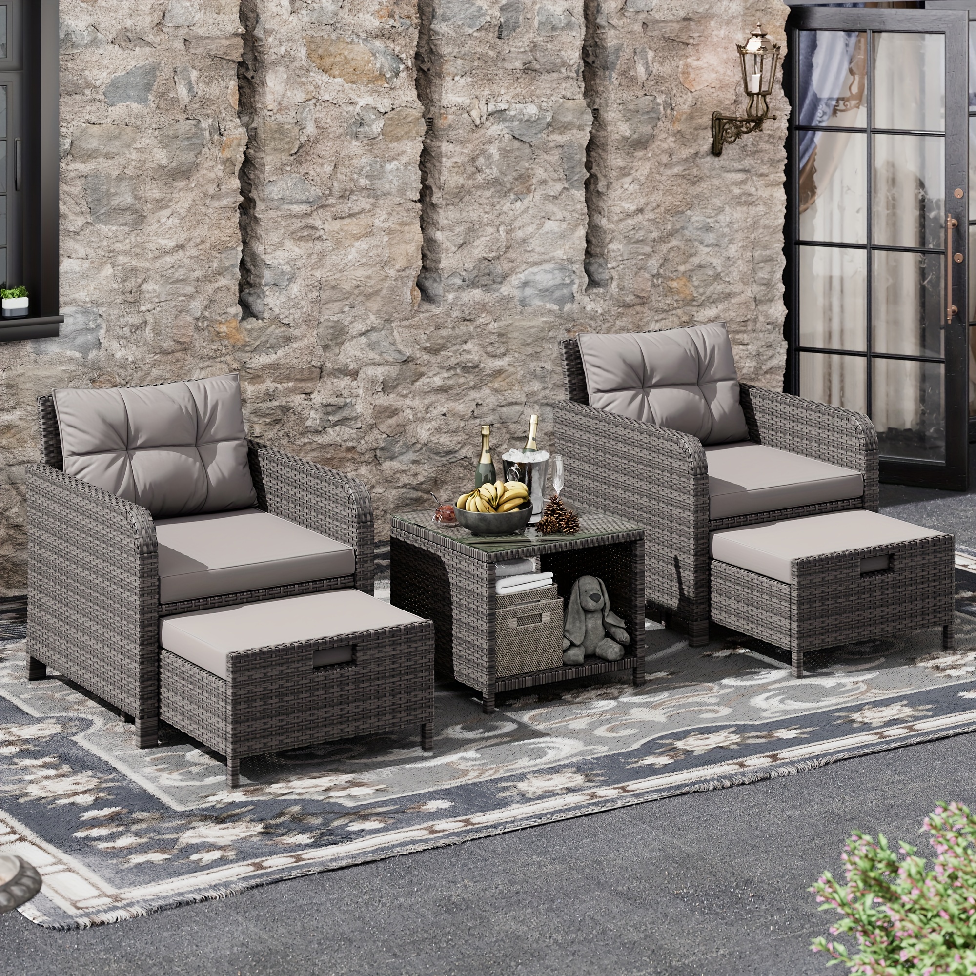 

Balcony Furniture 5 Piece Patio Conversation Set, Pe Wicker Rattan Outdoor Lounge Chairs With Soft Cushions 2 Ottoman&glass Table For Porch