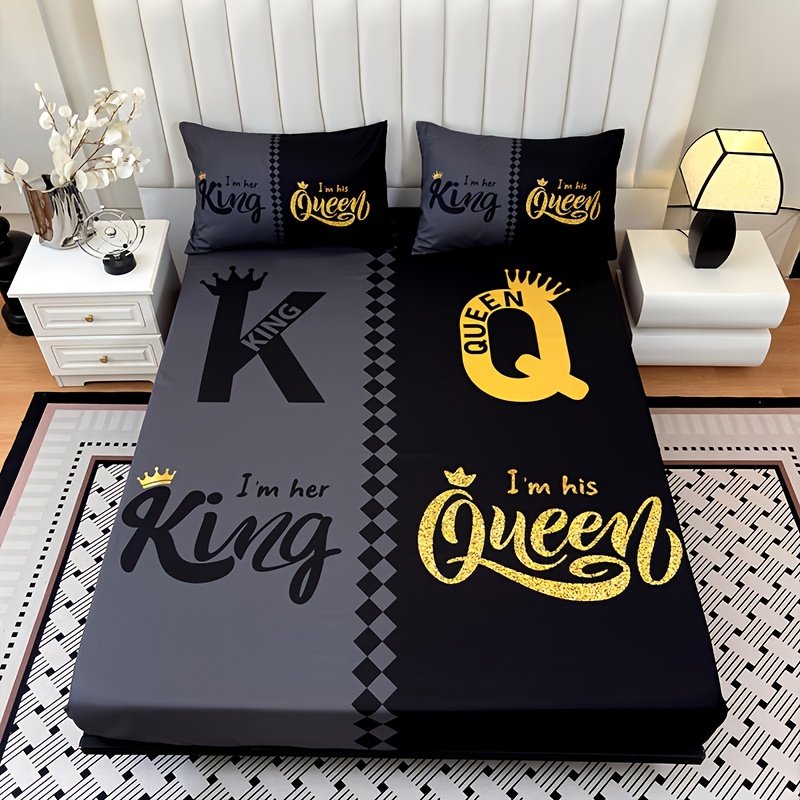 3pcs Fitted Sheet Set, 1Fitted Sheet + 2 Pillowcases (No Inserts), Home & Dormitory High-Definition Printed Black and Gray Crown Lettering, Dormitory Essentials, Cozy Bedroom Setup, Modern Bedding, Trendy Home Decor, Breathable Material, Soft Fabric, Sheet Bundle, Printed Bedding, Apartment Living, Home Decorators