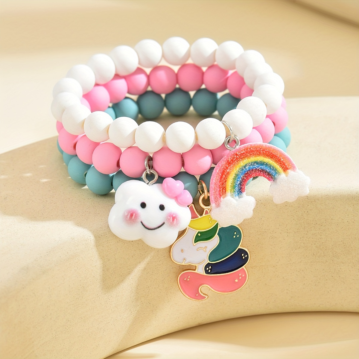 

3pcs Cute & Sweet , Rainbow Unicorn Pendant Acrylic Beaded Bracelets For Girls - Perfect Or Holiday Gift Set