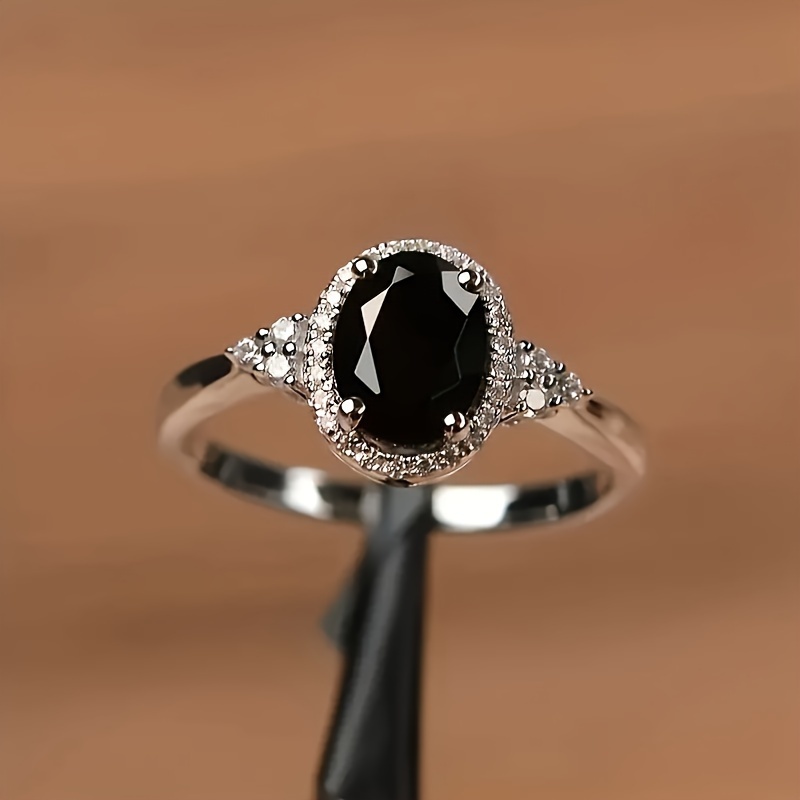 

925 Sterling Silver Classic Style Black Oval Cubic Zirconia Engagement Ring, Eternal Symbol Of Love Commitment Ring, Elegant Women And Men's Party Jewelry, Wedding And Birthday Gift- With A Nice Gift