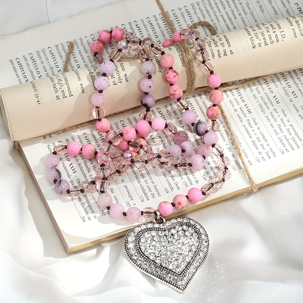 

-chic Heart Pendant Necklace With 8mm Natural Stone Beads - Casual Attire & Day Gift