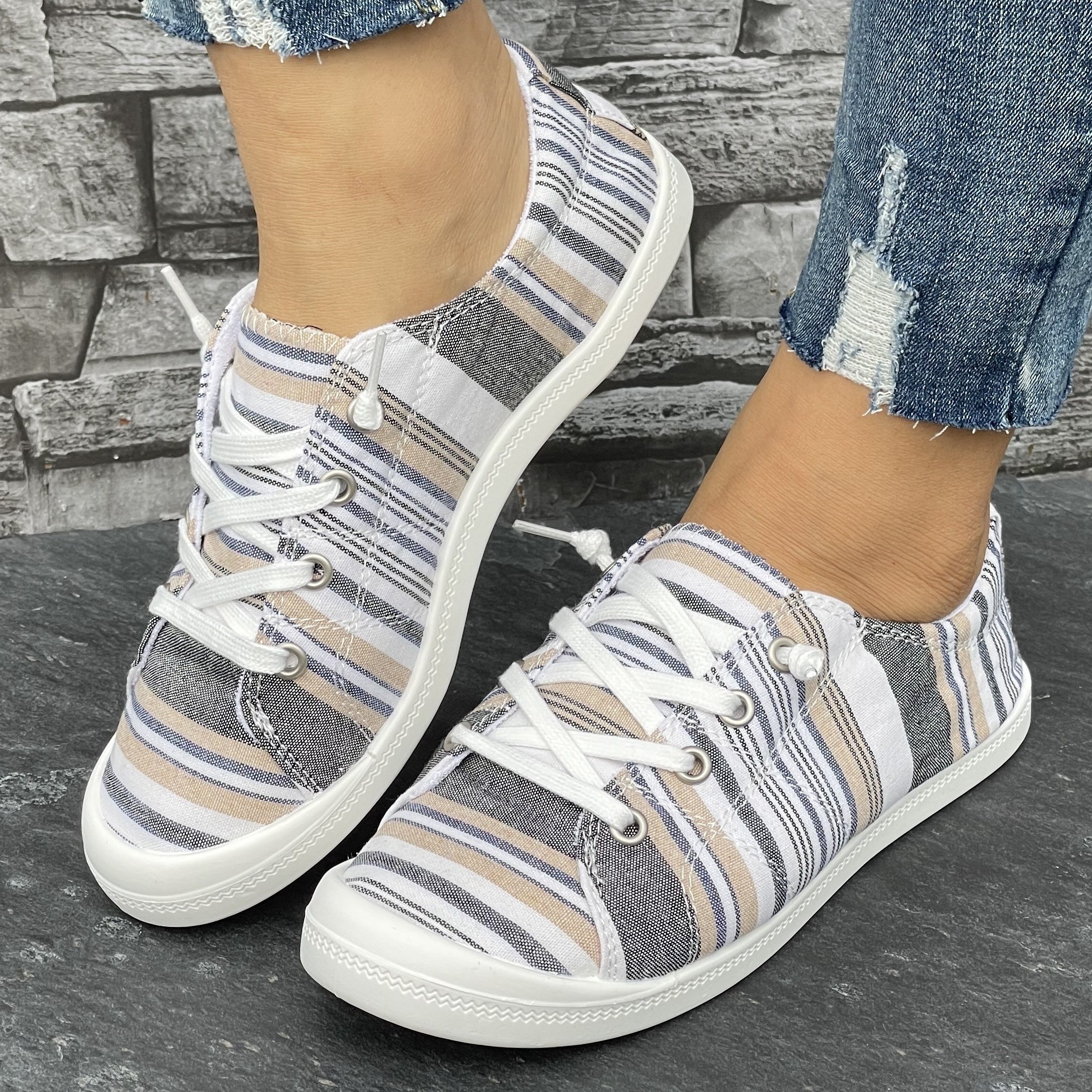 

Women's Casual Striped Slip On Sneakers, Fashionable Comfortable Flat Shoes For Summer And Fall, Lightweight Breathable Footwear
