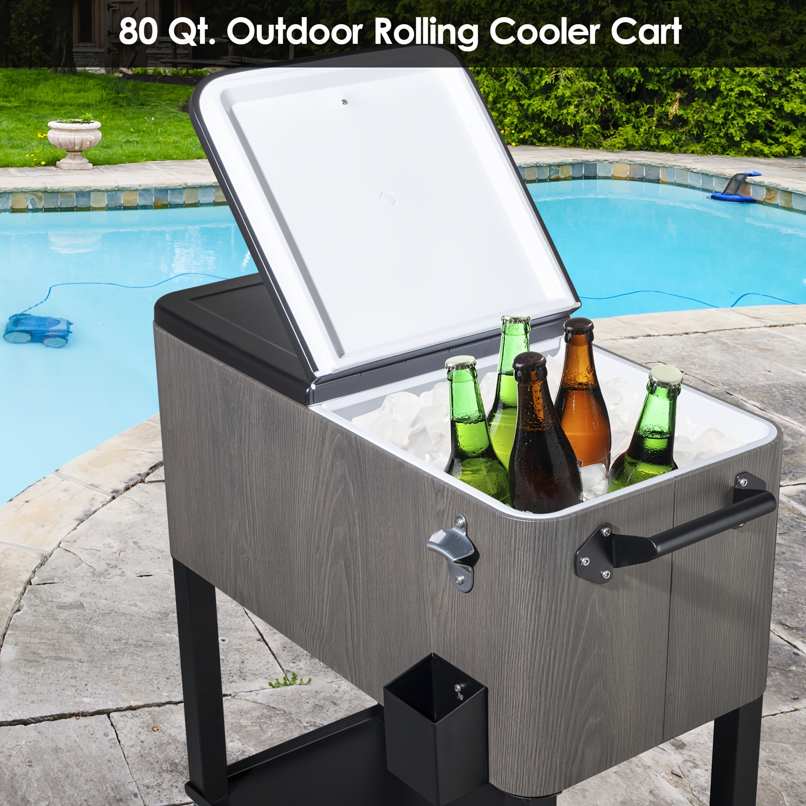 Commercial-Grade Outdoor Grey Wood-Grain Insulated Cooler Cart - Ice Retention for Up to 48 Hours - For Market Stalls & Camping - Durable & Spacious - Ideal Gift for Outdoor Enthusiasts