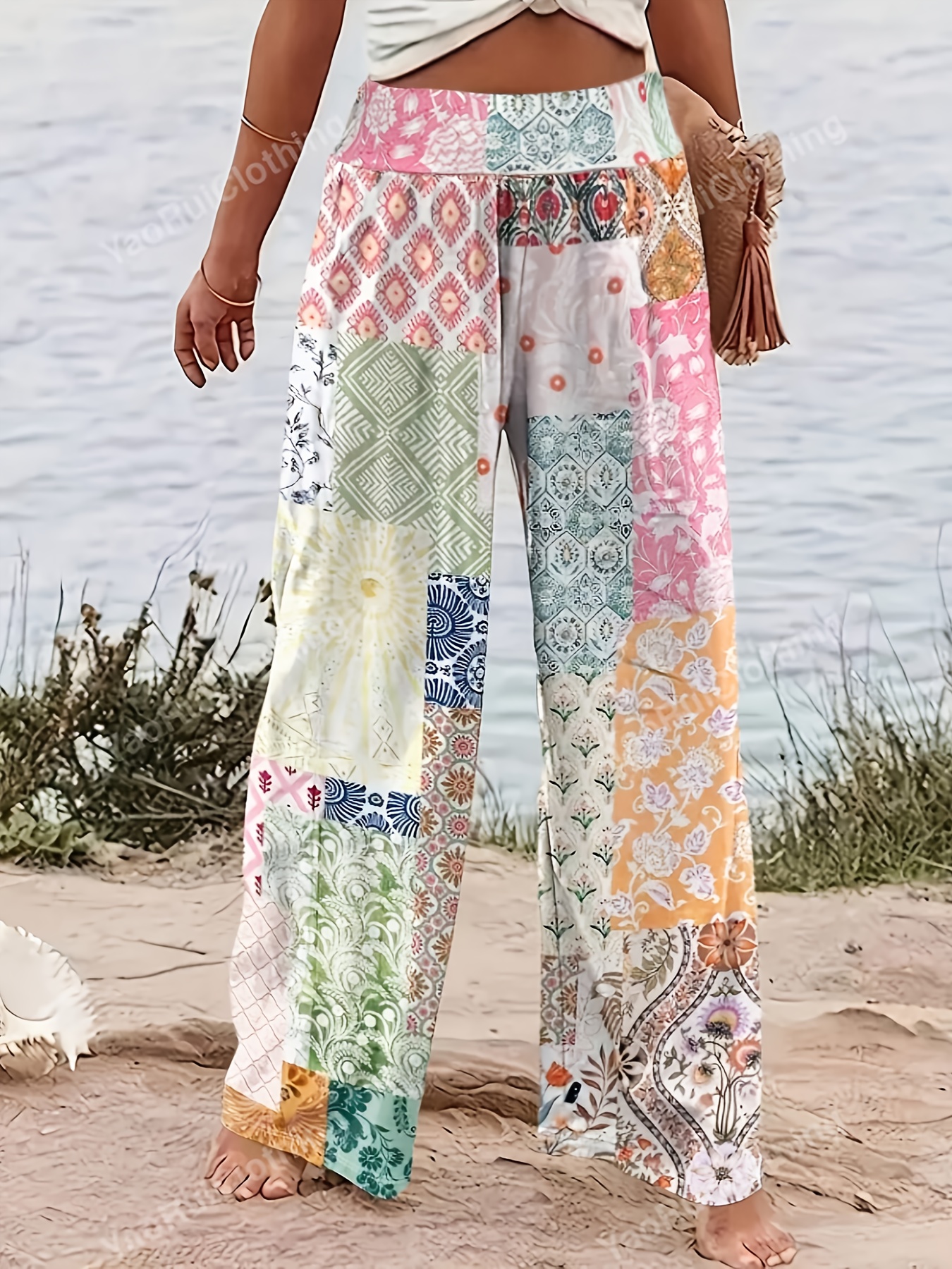 womens plus size bohemian style wide leg pants vibrant Temu