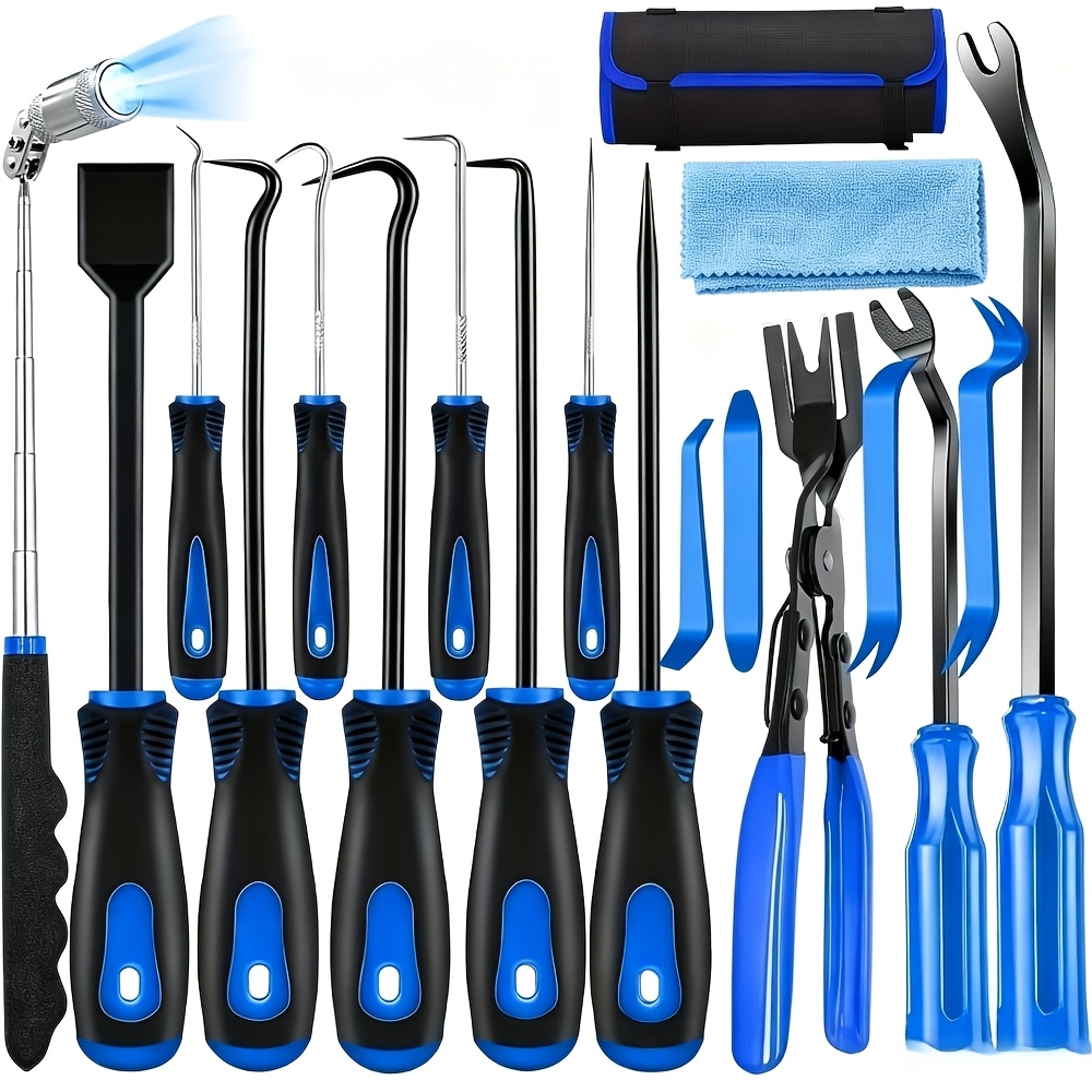 TEMU 17pcs Professional Auto Trim Removal Tool Kit - With Picks, Pry Tools, Metal Scraper & Magnetic Telescopic Pickup For Car Dash, Panel, Bicycle Maintenance