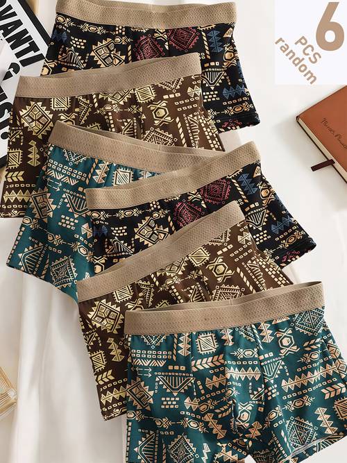 6-Pack Men S Boxer Briefs - Solid Color Textured Waistband, Medium , Retro Geometric Print, Breathable & Comfortable Underwear for Everyday Casual Wear, Trendy & , Boxer Shorts, , Stylish Pattern, Soft Fabric, Multipack Underwear, Stylish Men