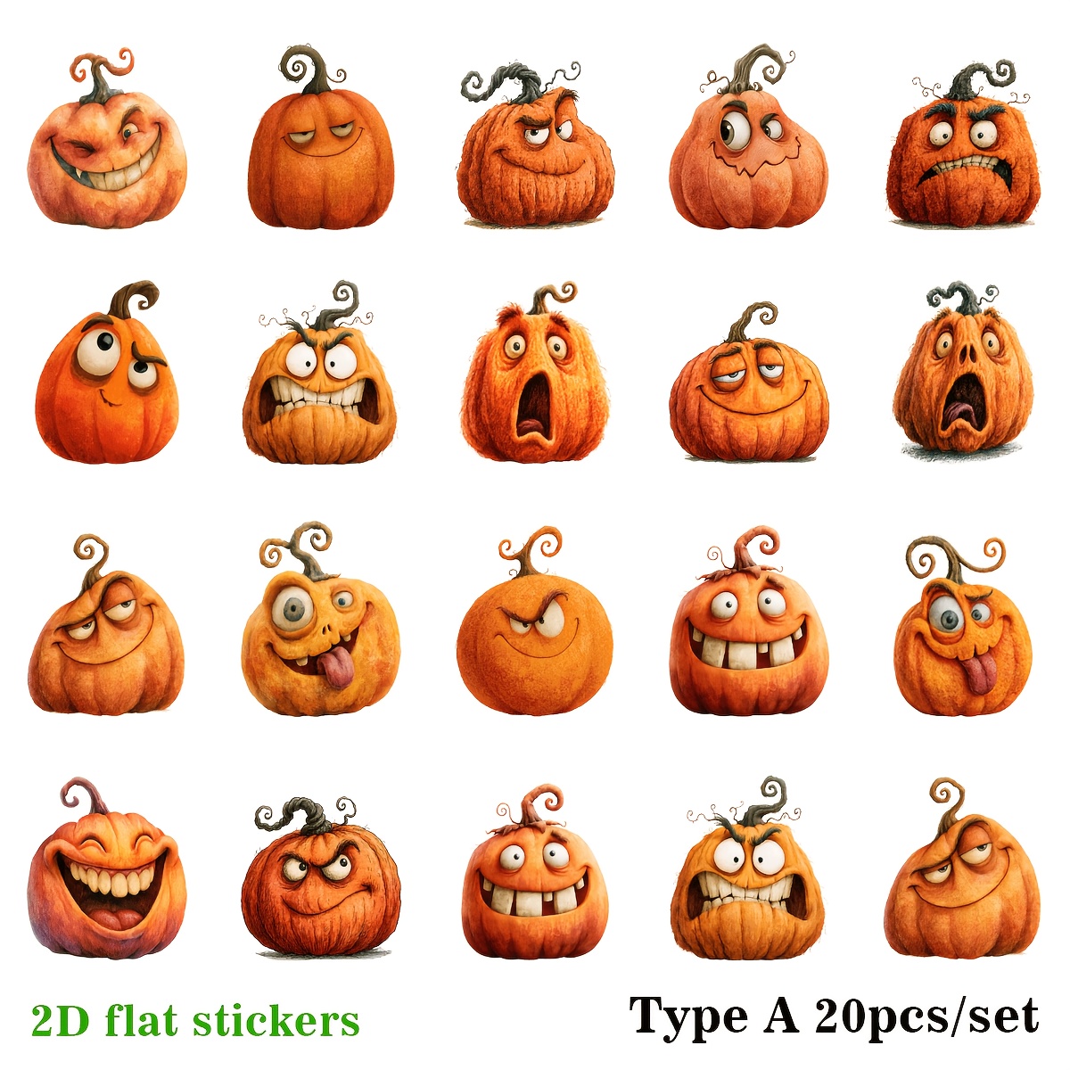 20pcs/set Handmade Retro Whimsical Exaggerated Pumpkin Face Series High Quality Stickers Trash Journal Decoration Cutting Album Stickers New Stationery Materials Halloween 2d Flat, 2d Flat