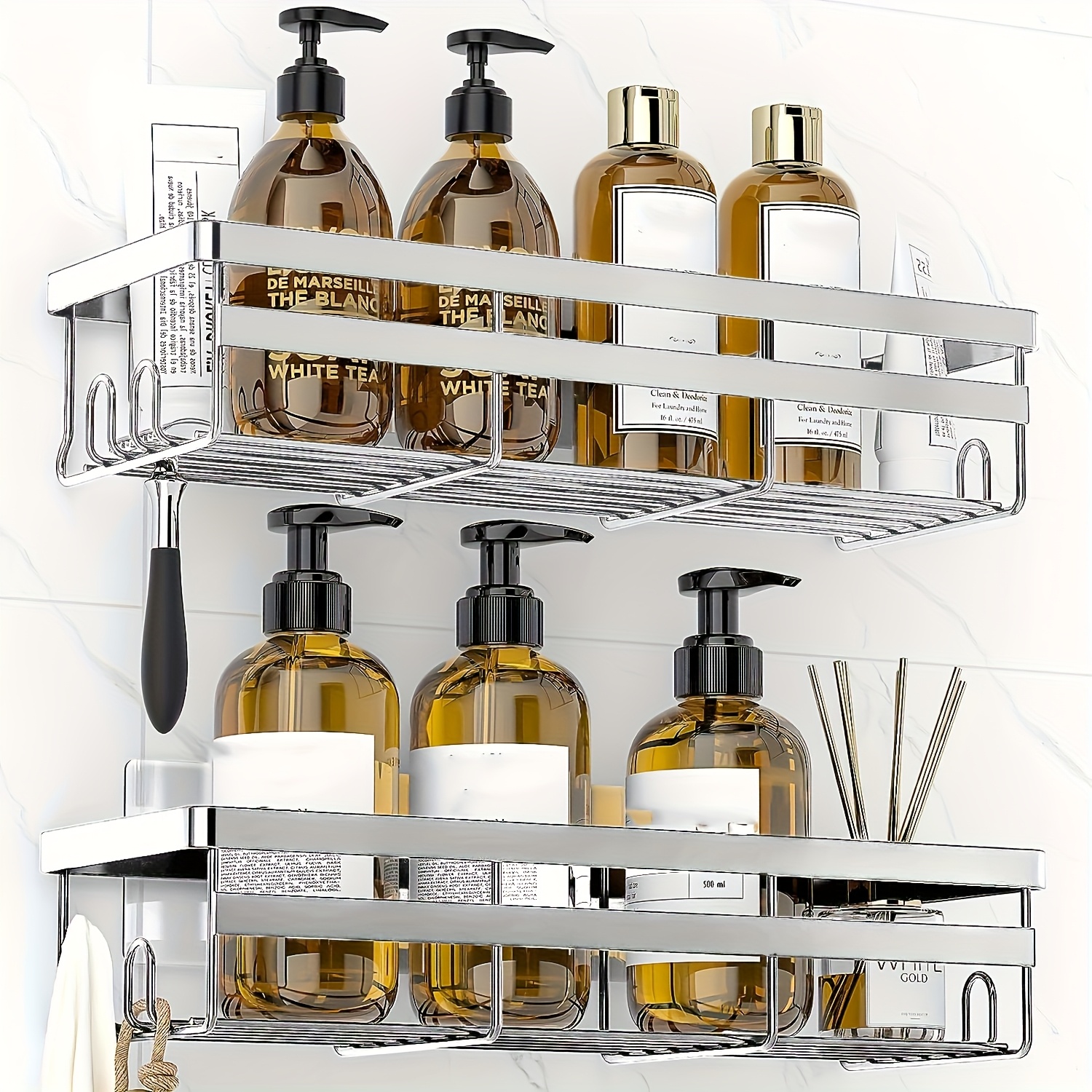 TEMU Large Adhesive Shower Caddy, Stainless Steel Shower Shelf For Indoor Use, Bathroom Organizer And Storage, Home Decor Additions, 2-pack, Black,