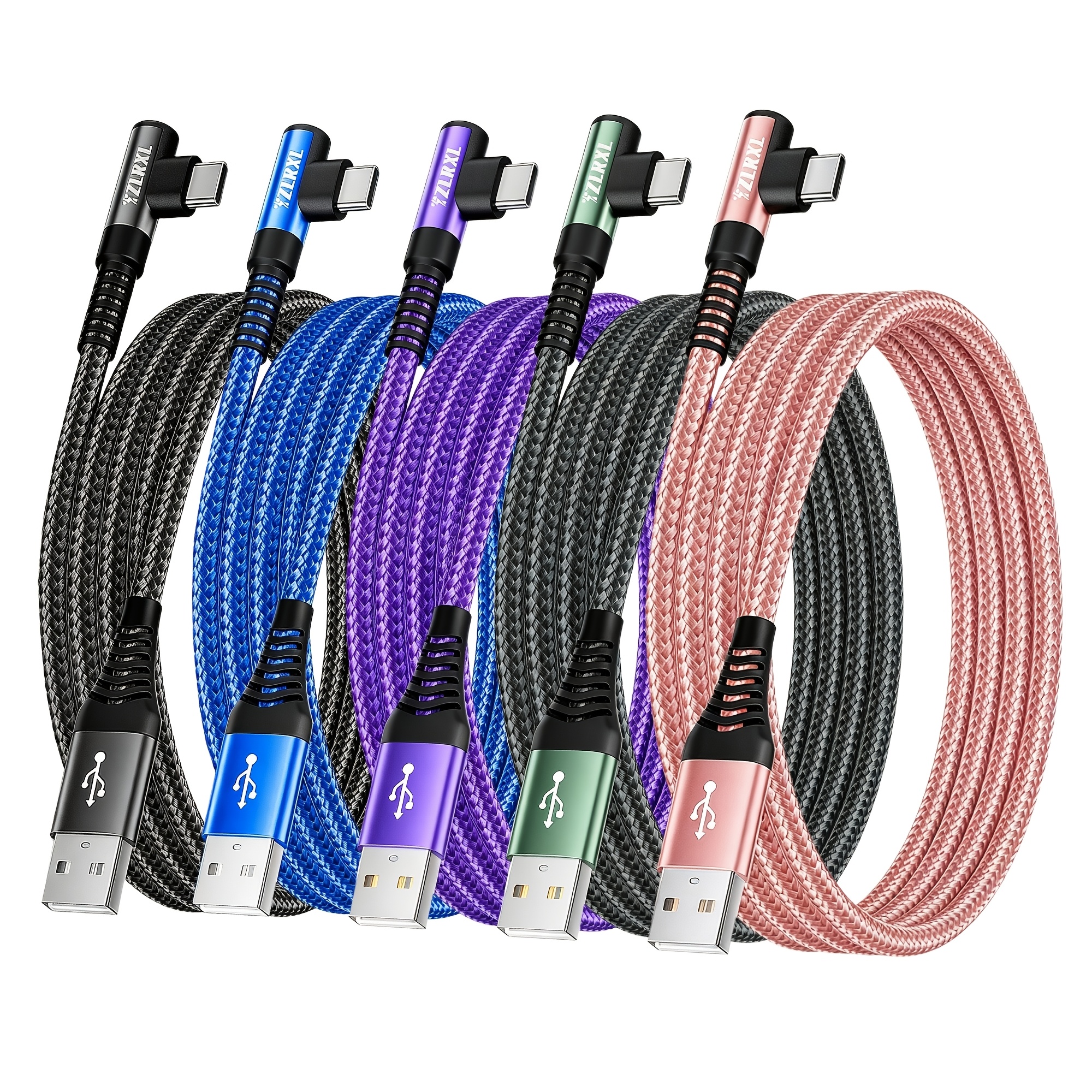 TEMU 5pcs Right Angle Usb To Usb C Cable, Nylon Braided Anti- Design, Usb To C Fast Charging Cable Suitable For Iphone, For And Other Smartphones,