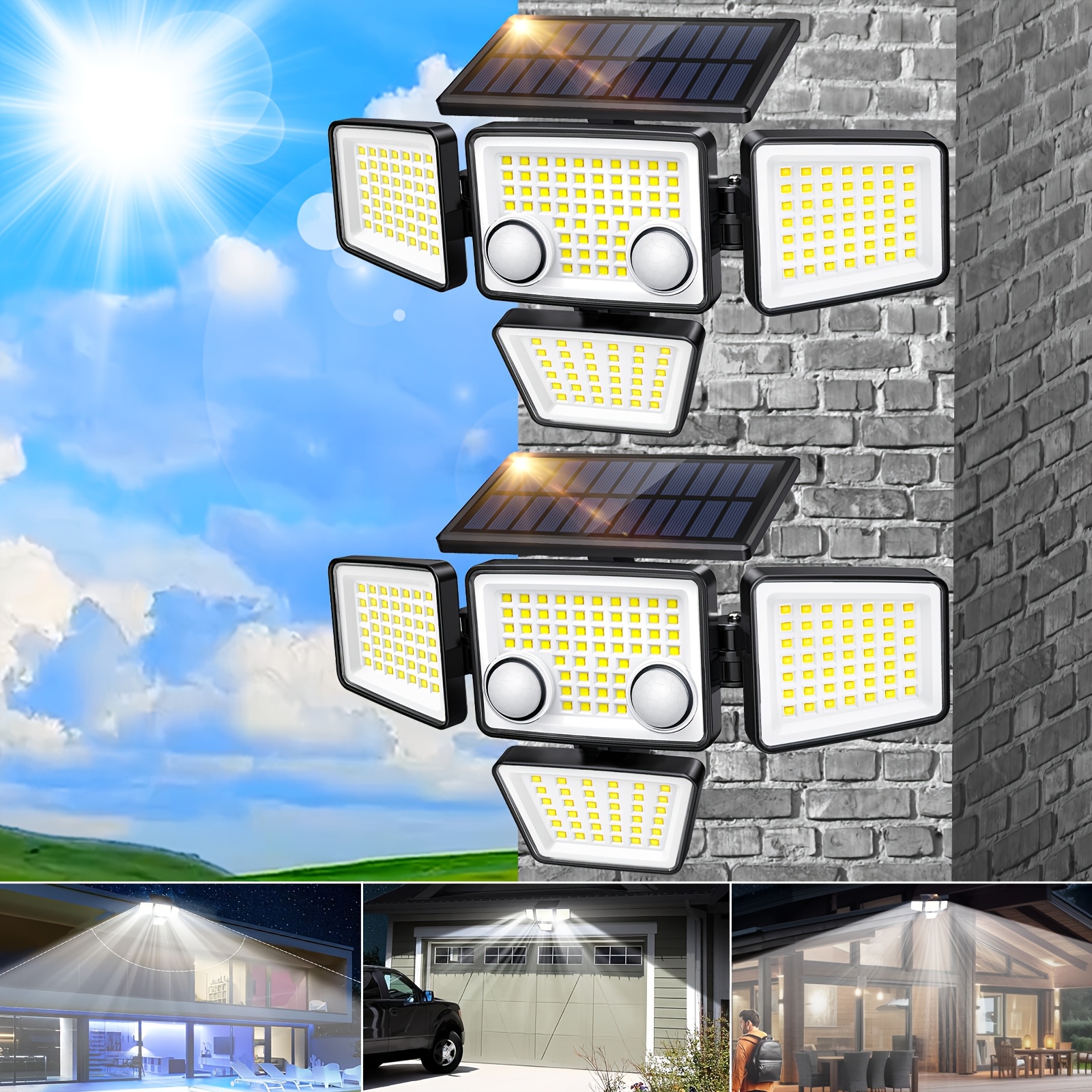 

Solar Outdoor Light - 3000lm 188 Led 4 Head Motion Sensor Outdoor Light, Powerful Security , 270° Wide Lighting Angle Wall Light, Garage, Backyard, Patio, Garden Solar Lights