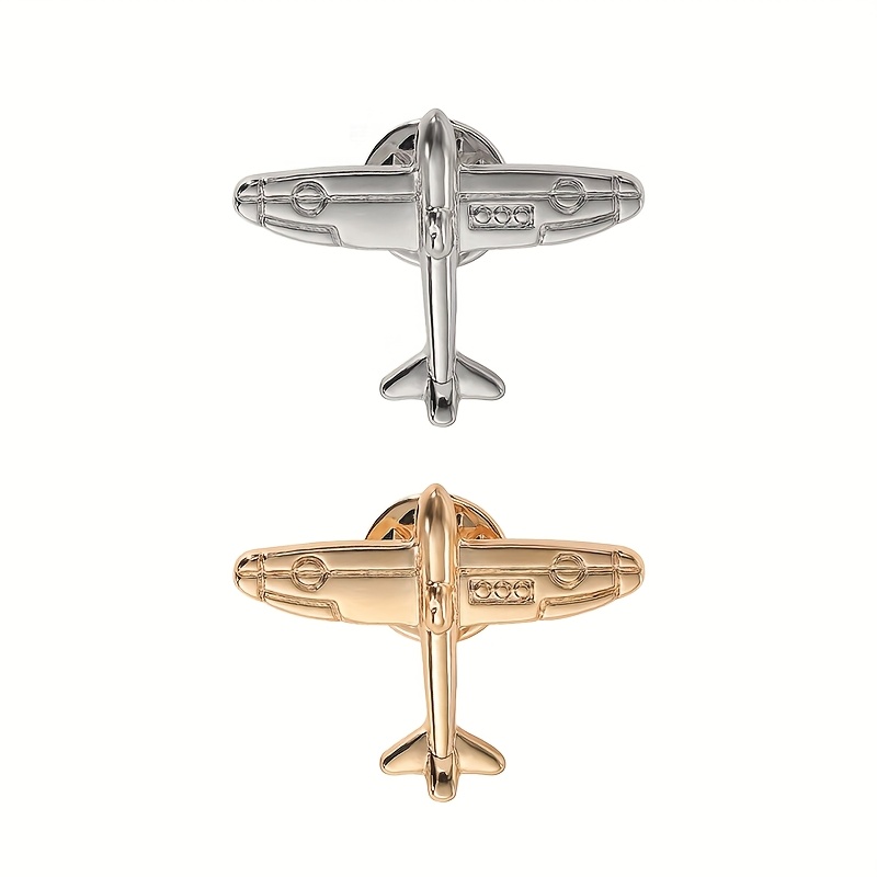 Image of 2pcs Stylish Airplane-shaped Brooches In Golden And Silvery, Cute Cartoon Badges For Decorating Denim Jackets And Backpacks.