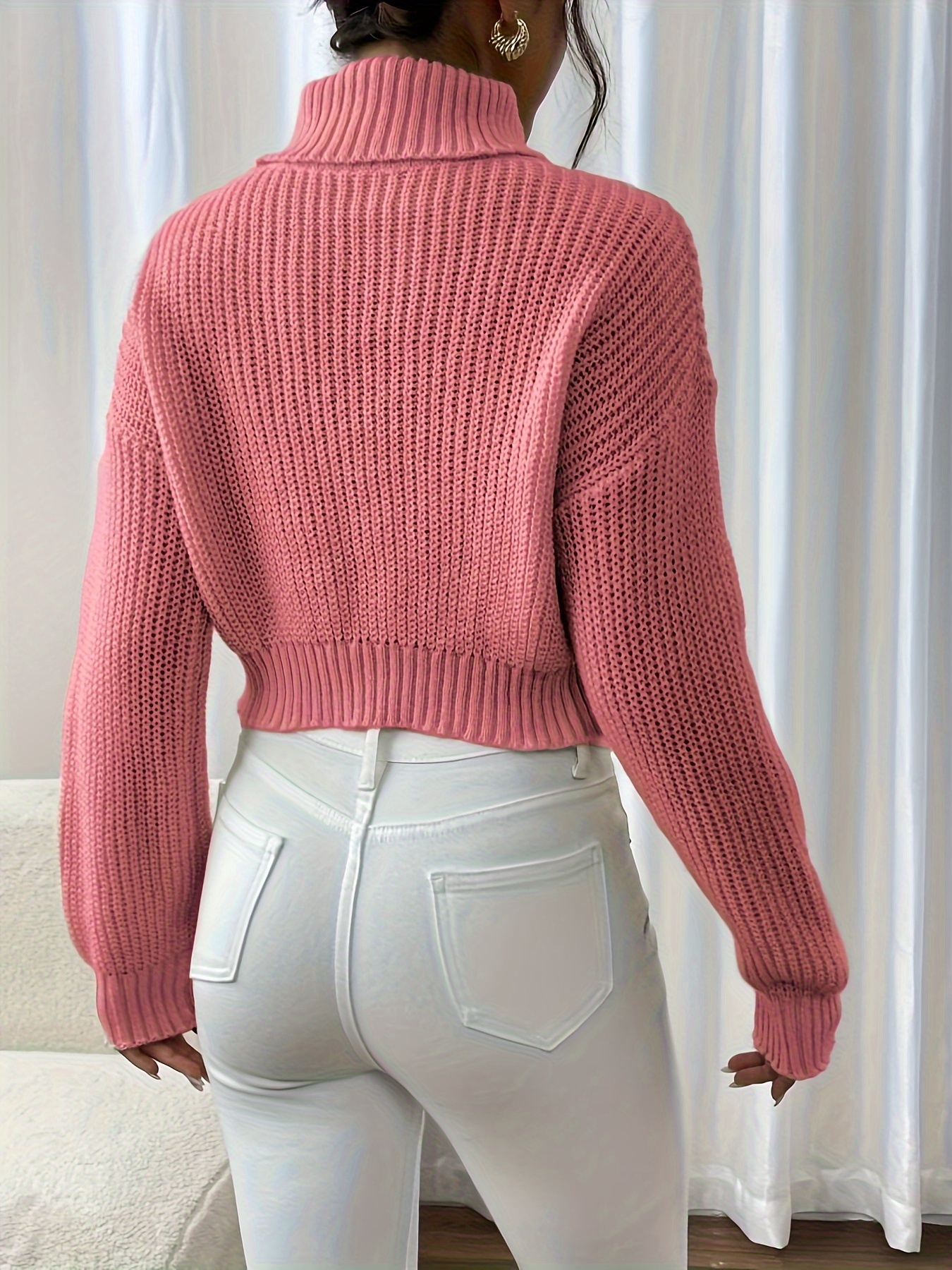 pull décontracté à col papillon pour femmes - pull rose à manches longues avec élasticité moyenne, haut confortable pour lautomne et lhiver, chandails de mode saisonnière, broderie délicate, couture de qualité, style féminin Détails du produit 15