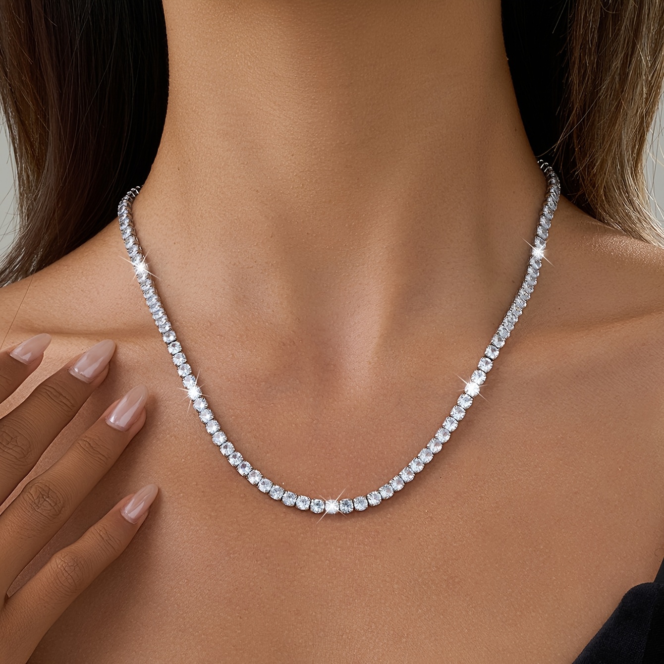 Image of A Luxurious And Sparkling Tennis Necklace With Synthetic Zirconia, Suitable For Men And Women, Parties And Gatherings, A Great Gift For