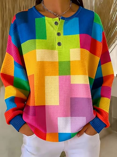 contrast geometric print waffle long sleeve top womens loose henley collar button casual versatile base layer spring autumn new multicolor square print womens clothing lazy style daily outing outer shirt block waffle