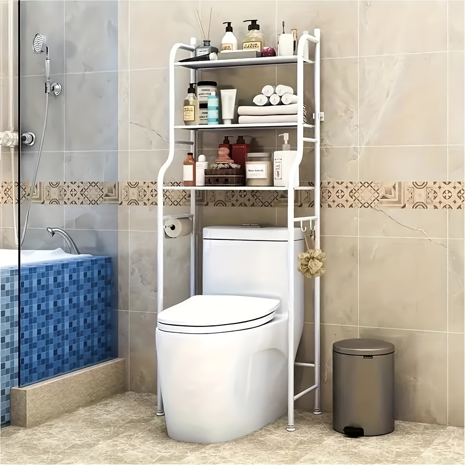 TEMU Sturdy Metal 3-shelf Bathroom Space Saver - Over Toilet Storage Tower With Hanging Rod - Corner Stand For Washing Machine, Towel Organizer, Accessories - White Black Washer Shelf